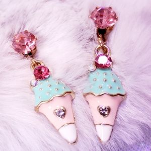 Gold Plated Pink tourmaline crystal ice cream cone earrings